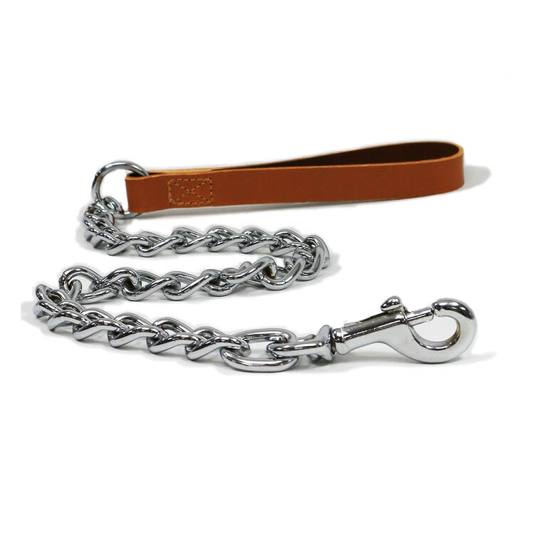 Ancol Extra Heavy Chain Lead With Leather Handle Tan 80cm 1 Ancol Extra Heavy Chain Lead With Leather Handle Tan 80cm