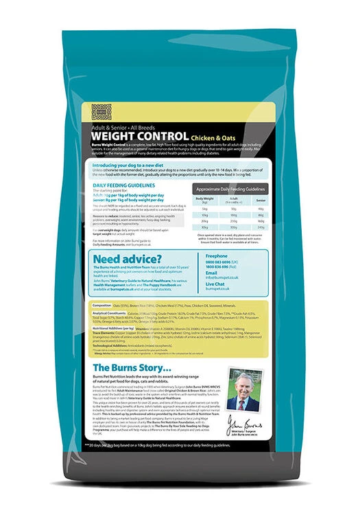Burns Weight Control+ Chicken & Oats Adult & Senior Dog Food 2 Burns Weight Control+ Chicken & Oats Adult & Senior Dog Food - Image 2