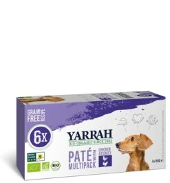 4 X Yarrah Organic Dog Grain Free Pate Multipack Beef Chicken & Turkey 6x150g